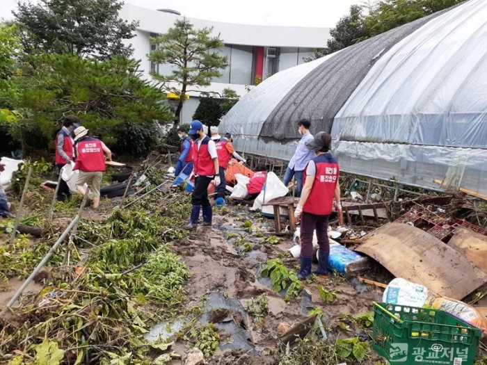 동천동 행정복지센터 직원들과 주민들이 지역 대청소를 하고 있는 모습.jpg